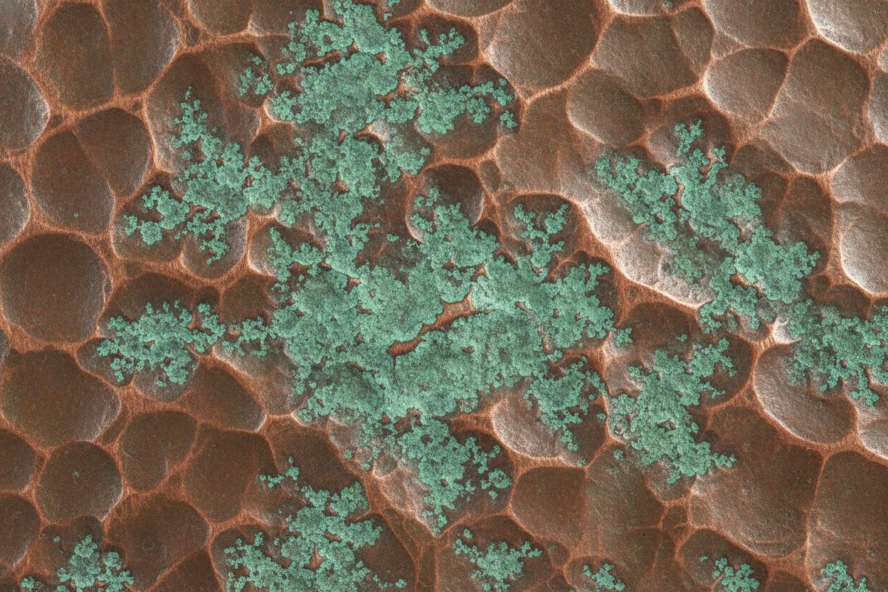 Yeşil verdigris patina ile yaşlanmış bakır yüzeyin dokusu